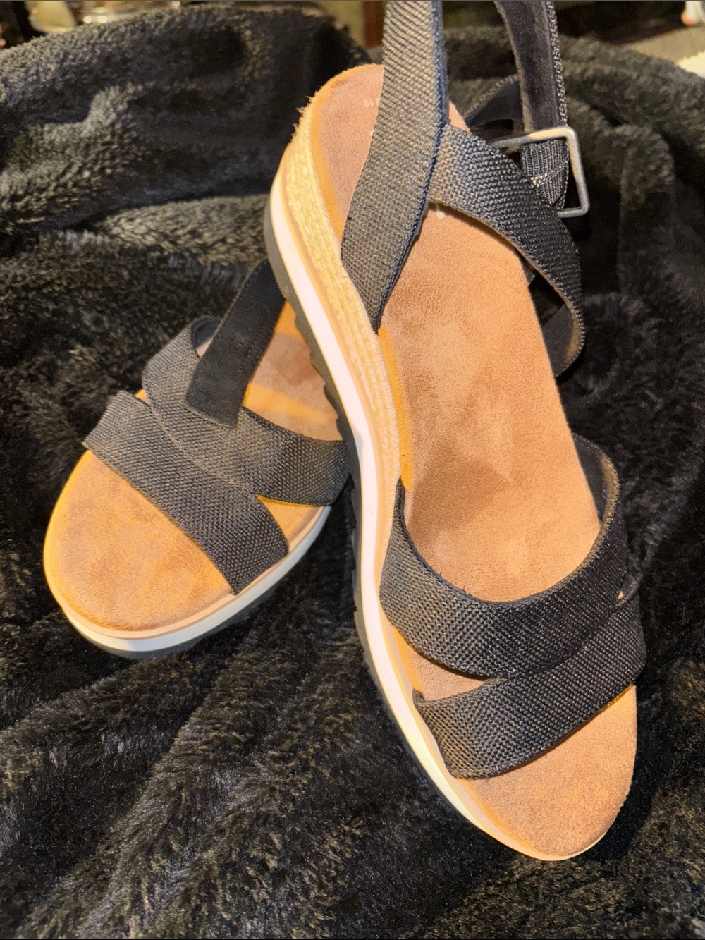 Toms Diana Black Strappy Sandals with Tan Footbed